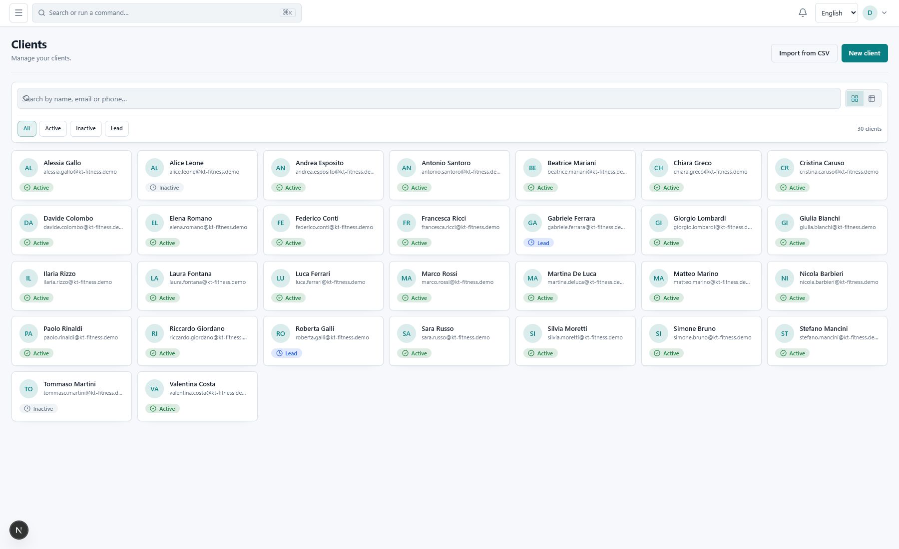 KT Fitness client directory with search, statuses and demo data