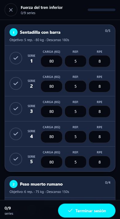 Modo Sesión de My KT Fitness durante un entrenamiento