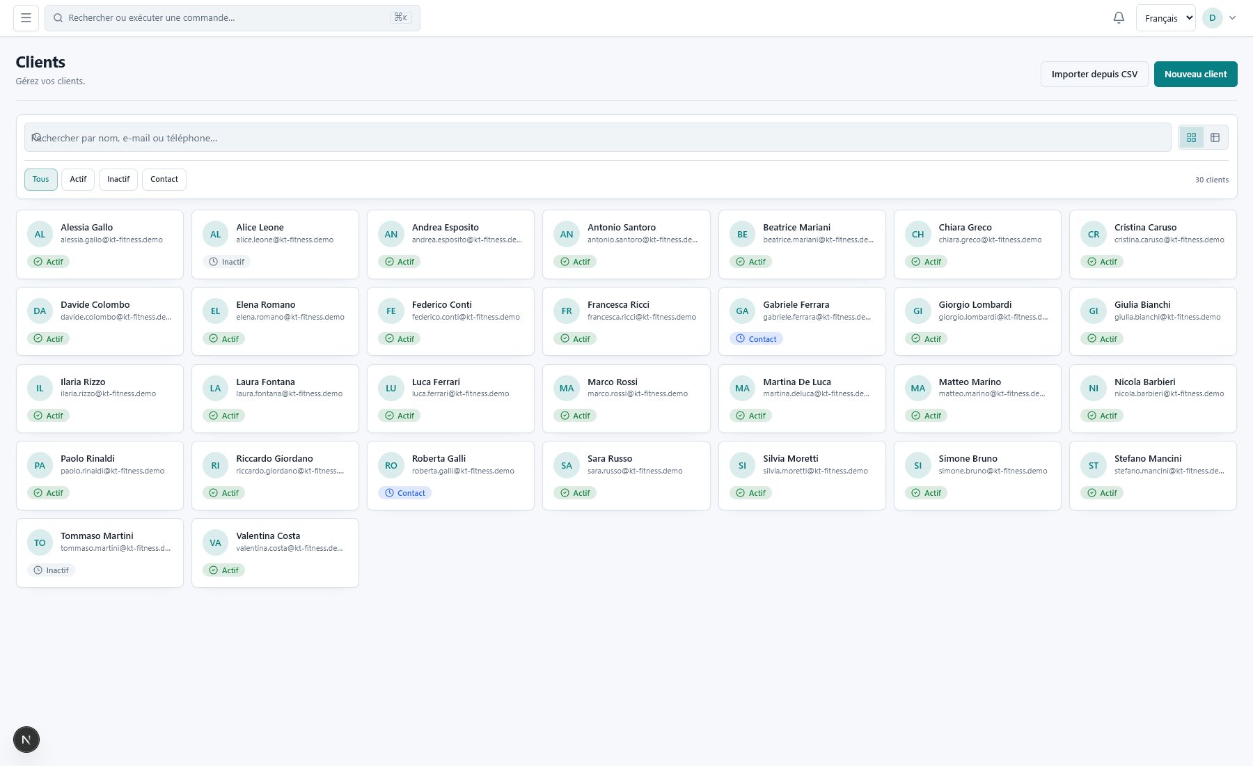 Répertoire clients KT Fitness avec recherche, statuts et données de démonstration