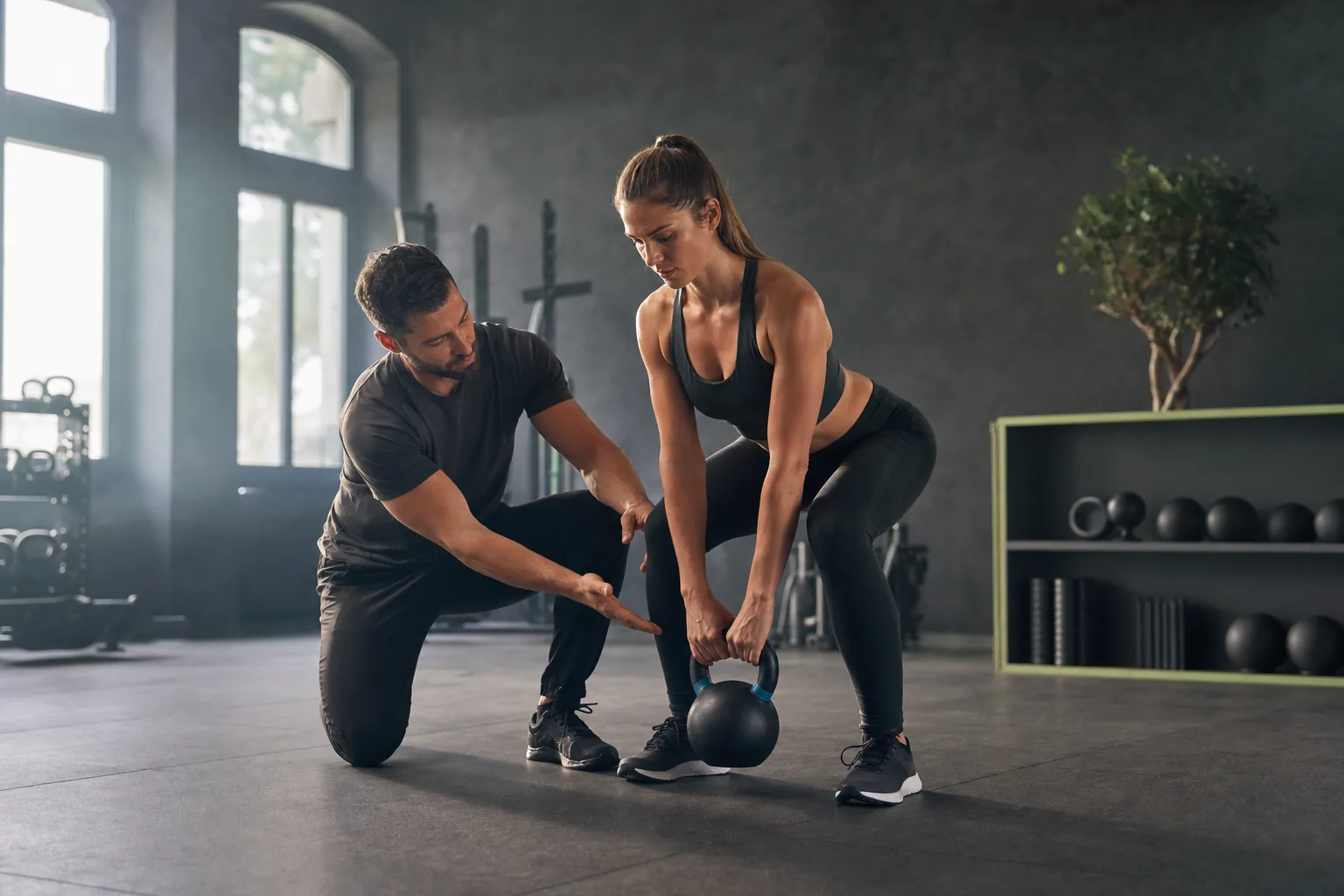 Personal trainer che corregge la tecnica di una cliente durante uno stacco con kettlebell