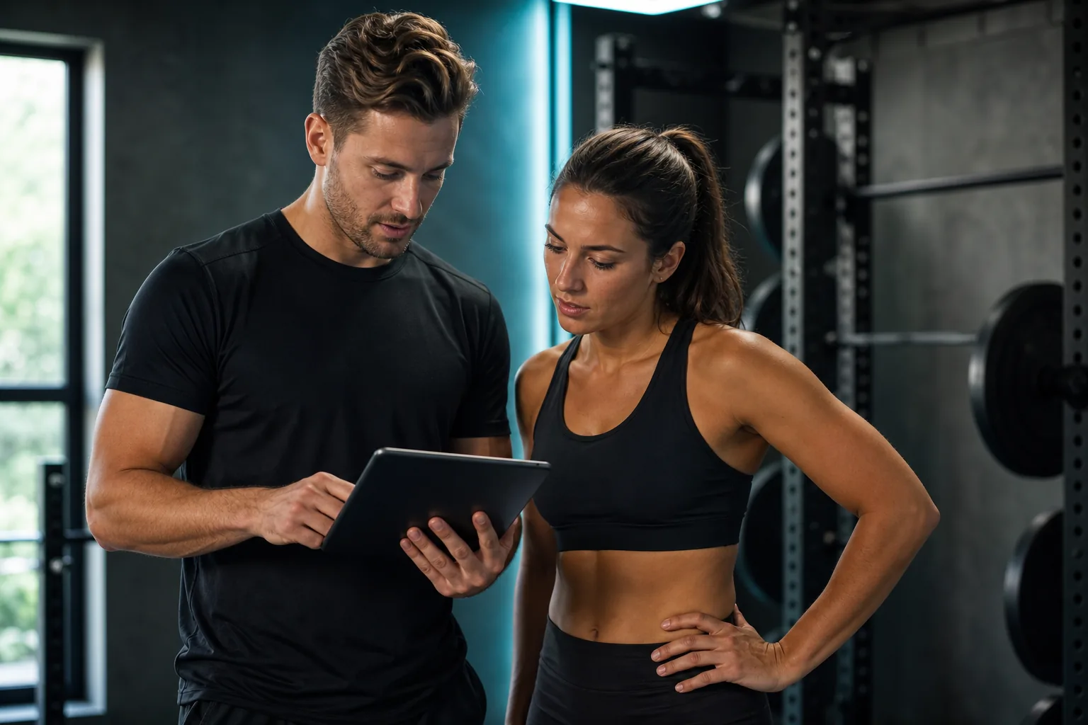 Trainer e cliente che consultano insieme un programma di allenamento su tablet